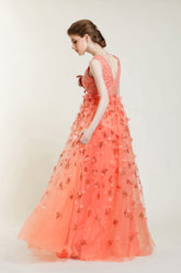 Orange V Neck Floral Fall Pageant Evening Prom Formal Dress